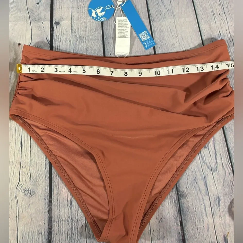 NWT Cupshe Floral Brown and White Bikini Top and Solid Bottom Beach Swimsuit 0X